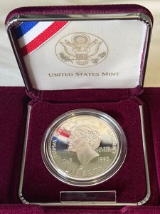 lot 23 image: 1993 S-Thomas Jefferson 250th Anniversary Proof SILVER Dollar - original package with COA
