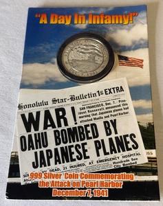 lot 27 image: 2001 Remember Pearl Harbor Commemorative SILVER Coin - original packaging