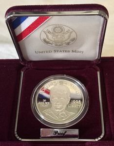 lot 41 image: 1998 S-Robert F Kennedy Memorial Proof SILVER Dollar - original package, COA missing