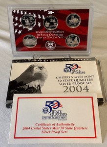 lot 45 image: 2004 State Quarters SILVER Proof Set - 5 coins - original package with COA