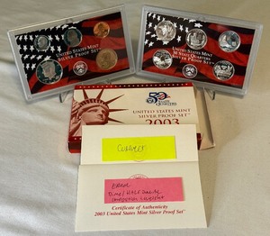 lot 52 image: 2003 SILVER Proof Set (10 coins) - original package with COA (1 error1 correct)
