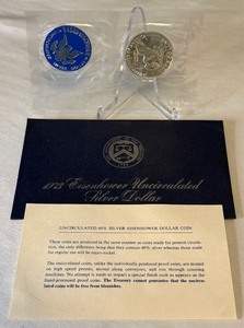 lot 67 image: 1973 S-Eisenhower Uncirculated SILVER Dollar & Token - original package with COA