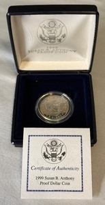 lot 72 image: 1999 Susan B. Anthony Proof Dollar Coin - original package with COA