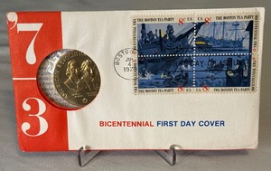 lot 78 image: 1973 Adams & Henry American Revolution Bicentennial Commemorative Medal - First Day of Issue - original package plus Boston Tea Party stamps