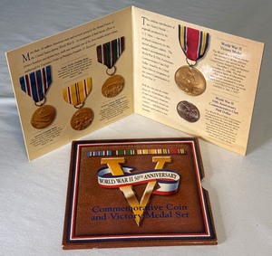 lot 81 image: 1995 World War II 50th Anniversary Coin and Victory Medal Set US Mint - original package with COA