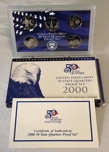 lot 83 image: 2000 State Quarters Proof Set (MA, MD, SC, NH, VA)- original package with COA
