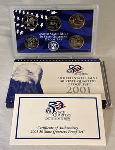 lot 84 image: 2001 State Quarters Proof Set (NY, NC, RI, VT, KY) - original package with COA