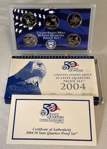 lot 86 image: 2004 State Quarters Proof Set (MI, FL, TX, IA, WI)- original package with COA