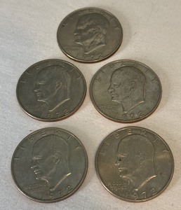 lot 100 image: Five (5) Loose 1972 Eisenhower SILVER Dollar Coins (no packaging)