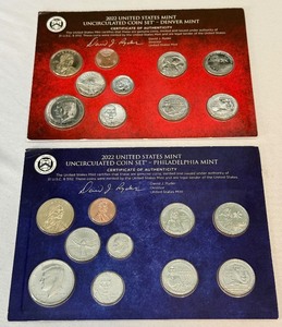 lot 145 image: P&D Two (2) 2022 US Mint Uncirculated Coin Sets (20 Coins) - original govt package (OGP)
