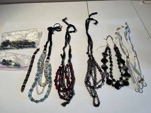 lot 177J image: Collection of Beaded Fashion Necklaces and Earrings with Storage Basket