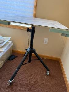 lot 31J image: Adjustable Rolling Table with Marble-Look Top and Side Drawer