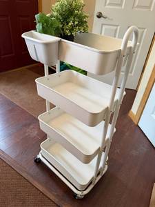 lot 39J image: 4-Tier White Rolling Storage Cart with Removable Side Bin