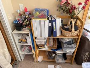 lot 56J image: Craft Room Supply Lot with Binders, Storage Bins, Jewelry Findings, and Art Supplies