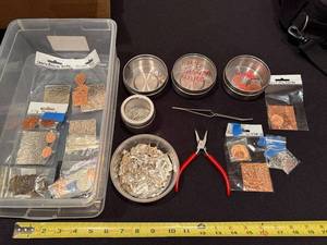 lot 98J image: Jewelry Making Supplies Lot Embossed Metal Blanks, Fine Silver Wire, Tools & Storage