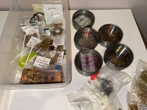 lot 110J image: Collection of Copper and Bronze Jewelry Findings and Pendants in Organizing Containers