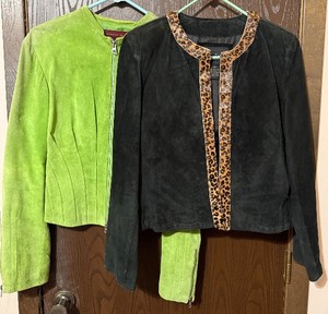 lot 58C image: Margaret Godfrey Lime Green Leather Jacket (Size L) & ZaZee Black Suede Jacket with Leopard Print Trim (lot of 2)