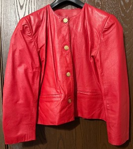 lot 61C image: Lord & Taylor Red Leather Blazer - Gold Button Front, Pockets, Size 12