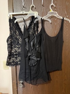 lot 34C image: Womens Black Tops Sigrid Olsen, Daniel Rainn, George - Lace Overlay Top (George L), Satin Ruffle Front Top, Pleated Knit Tank (Lot of 3)