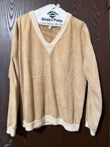 lot 45C image: Joan Lober for Santa Fe Brand - Beige Perforated Suede V-Neck Pullover- Size Small, Cream Rib-Knit Trim