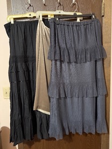 lot 13C image: Skirts (Lot of 3) - Black Overdrive Maxi, Beige Anne Klein Mid-length stretch velour,  LC Lauren Conrad GreyBlue Tiered Maxi (Size 12)