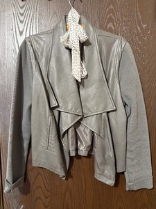 lot 50C image: Ann Taylor LOFT Leather-Style Draped Jacket with chiffon removable scarf- Gray (Womens)
