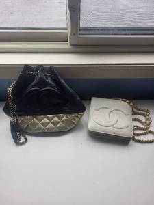 lot 240C image: Chanel Bags (knock-off) - Black LeatherGold Two-Tone Quilted Shoulder Bag & White Mini Crossbody (Lot of 2)