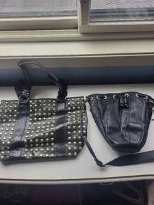 lot 241C image: Black Studded Tote Bag with Gold Hardware & Drawstring Bucket Bag