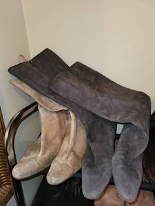 lot 294C image: Boots - Beige Fringe-Lace & Grey Suede Knee-High, Size 8.5B