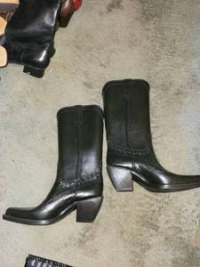 lot 303C image: Donald J. Pliner Black Leather rubber Knee-High Cowboy Boots, Square Toe, Stacked Heel