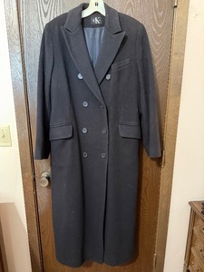 lot 311C image: Calvin Klein CK Black Wool-Blend Double-Breasted Overcoat, Long Coat, size 8