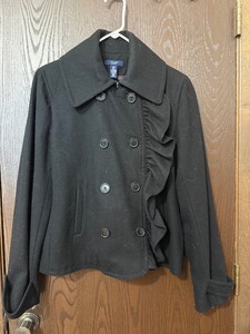 lot 313C image: CHAPS Wool-Blend Double-Breasted Coat with Ruffle - Size L - Black