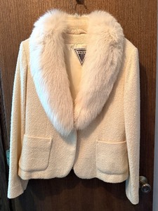 lot 5C image: Marvin Richards Wool Boucl Coat with Dyed Fox Fur Collar - Size 16, Cream