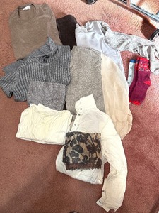 lot 323C image: Lot of Shimmer Sweaters, scarves, winter socks, New York & Company XL Metallic Knit Sweater - Grey Shimmer