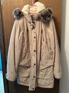lot 370C image: basement bedroom closet - Beige Parka with Faux Fur Hood - Sherpa Lined Winter Coat