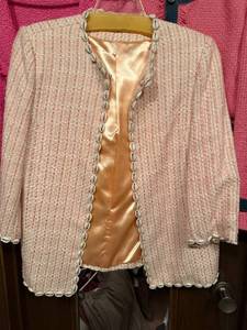 lot 137C image: Pink Boucle Jacket - Shell Trim, Satin Lining, Open Front, 34 Sleeves