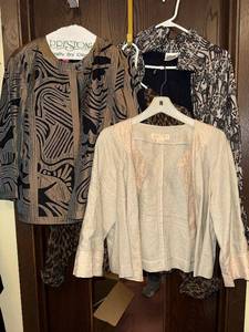 lot 155C image: Jackets (Lot of 4) - Michael Kors Beige Open-Front, Chicos Leopard, Chicos Abstract, Anthracite, Sally Starkman
