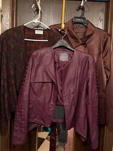 lot 160C image: Harve Bernard Silk Blouse, Kate & Mallory Burgundy Leather Jacket - Gianni Burgundy Knit Cardigan (Lot of 3)