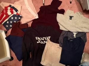 lot 179C image: DKNY Jeans Black Knit Sweater, Polo Ralph Lauren Navy Cardigan, Jones NY Knit Tops