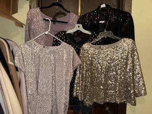 lot 204C image: Sequined Evening Wear - Eileen Fisher, Jennifer Lopez and Coupe brands - womens tops (lot of 5)