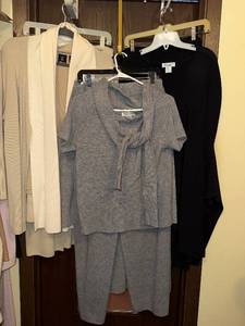 lot 207C image: Due Per Due, Marks & Spencer and G Knitwear brands - Grey Knit Lounge Set w Scarf-Neck Top, Skirt & Pants - Cream & Black Knit Sets