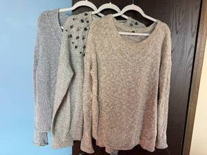 lot 260C image: LOFT Beaded Sweatshirt Gray - Blushe V-Neck Knit Sweater Gray - Banana Republic Crew Neck Gray