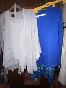 lot 111C image: Gray Knit Cardigan, Sleeveless Knit Dress, and Tank by S by Serena Williams - Lands End Relaxed Blue Tee - Blue Leopard Maxi Skirt