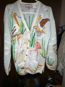 lot 154C image: Cardigan Bay Hand-Knitted Cardigan - Coastal Birds Scene, Size L