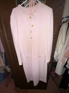 lot 182C image: Pink Boucl Knit Long Cardigan Dress - Gold Button Front & Bow Details