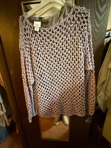 lot 192C image: Carrig Donn Aran Lavender Open-Knit Silk Sweater - Made in Ireland, Size M with Eileen Fisher Silk Top Underneath