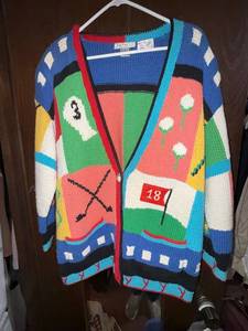 lot 421C image: Raphels Hand-Knitted Patchwork Cardigan - Size L - Colorful Abstract Knit
