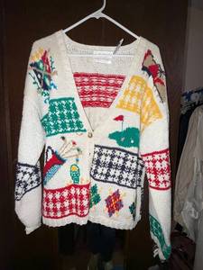lot 422C image: Robert Scott Patchwork Hand Knit Golf Theme Cardigan Sweater - Multicolor Geometric Blocks, Button Front