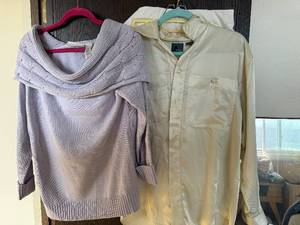 lot 436C image: Liz Claiborne Silk Blouse, Cream Pants & Knit Cowl-Neck Sweater - Womens Tops