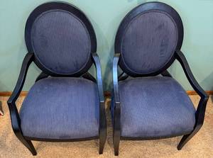 Pair of Ashley Furniture Round-Back Armchairs - Black Wood Frames & Blue Striped Upholstery